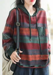 Casual Red Drawstring Striped Hole Hooded Sweatshirt Long Sleeve