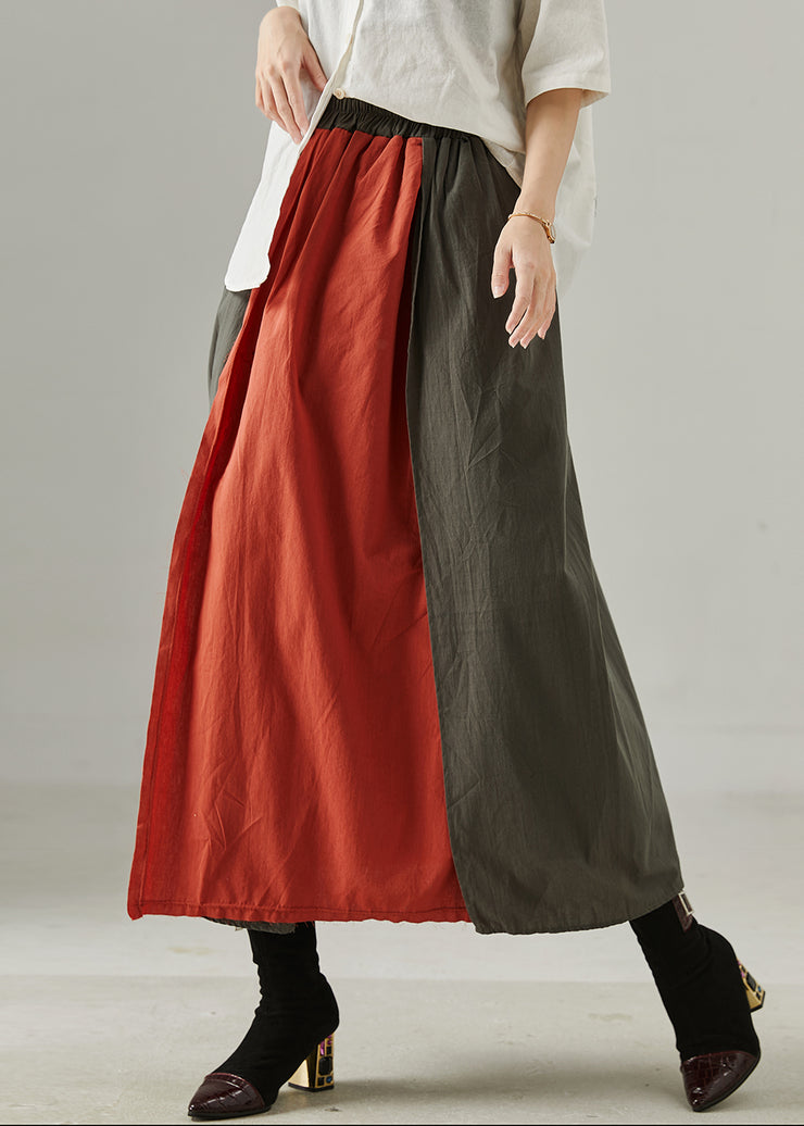 Casual Red Elastic Waist Patchwork Cotton Skirts Fall