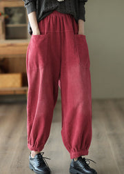 Casual Red Elastic Waist Pockets Warm Fleece Corduroy Harem Pants Winter