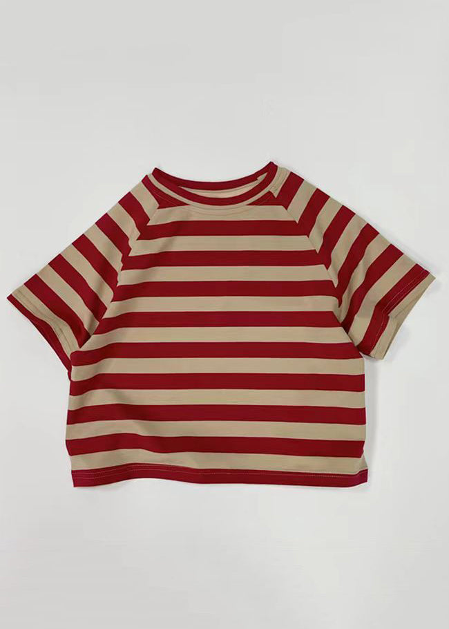 Casual Red Girls Striped Patchwork Tops Short Sleeve