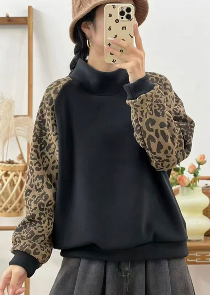 Casual Red Hign Neck Leopard Patchwork Warm Fleece Sweatshirts Top Winter