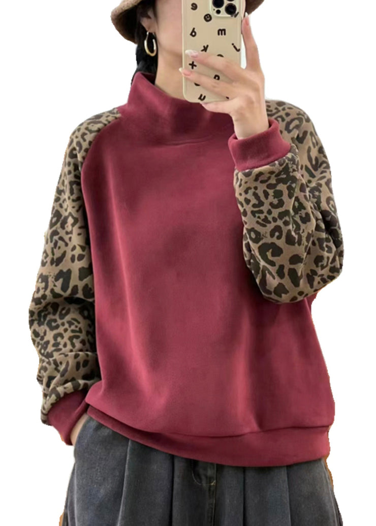 Casual Red Hign Neck Leopard Patchwork Warm Fleece Sweatshirts Top Winter