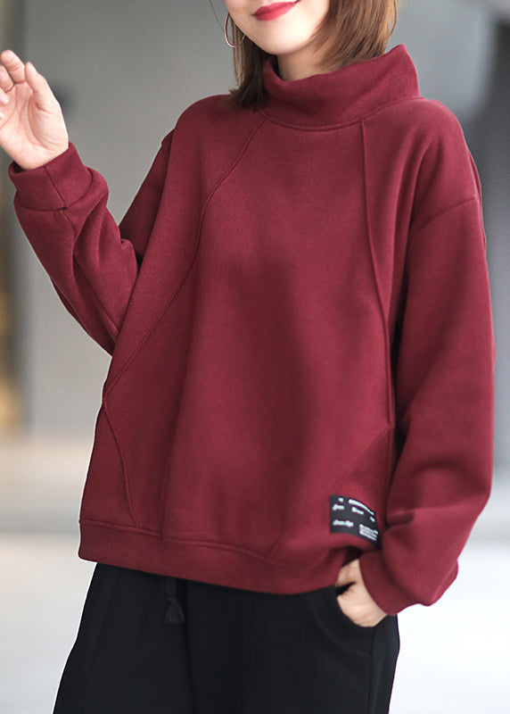 Casual Red Hign Neck Warm Fleece Pullover Sweatshirt Top Winter