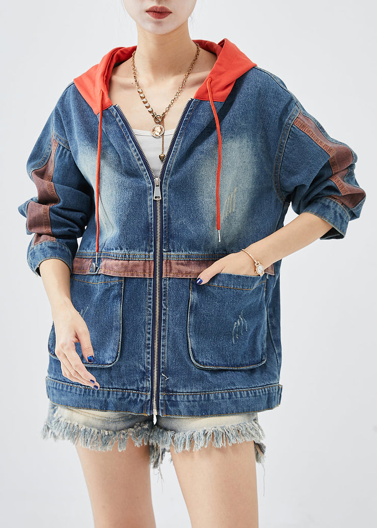 Casual Red Hooded Patchwork Denim Coats Fall