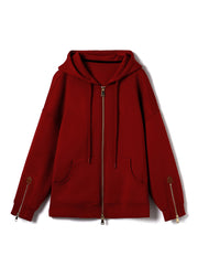 Casual Red Hooded Pockets Zippered Cotton Coats Fall