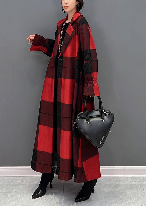 Casual Red Notched Plaid Tie Waist Long Coats Fall