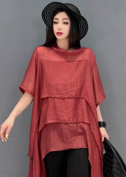 Casual Red O-Neck Asymmetrical Patchwork Dresses Short Sleeve