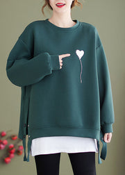 Casual Red O Neck Heart Print Cotton Sweatshirt Streetwear Winter