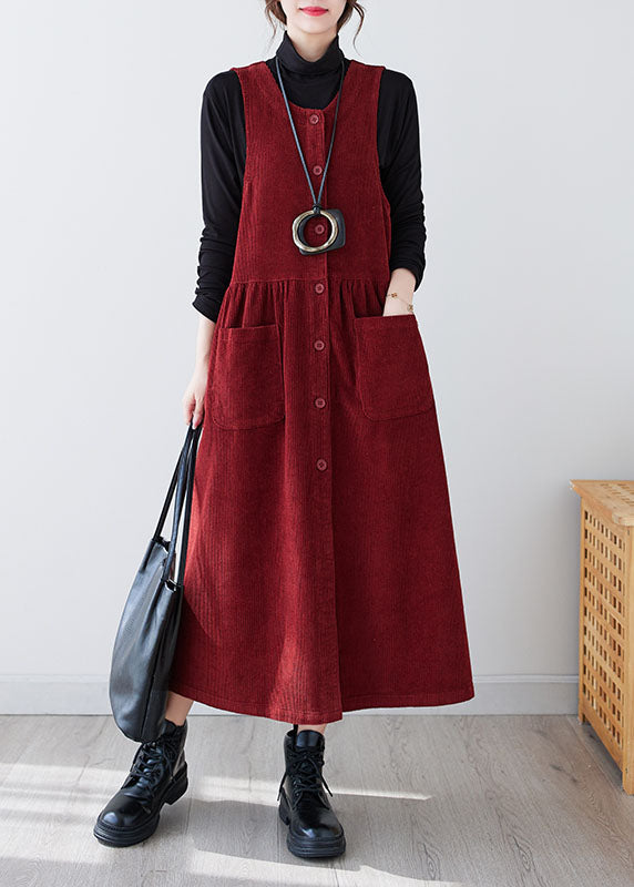 Casual Red O-Neck Patchwork Pockets Corduroy Maxi Dress Winter