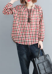 Casual Red O-Neck Plaid Cotton Loose Tops Spring