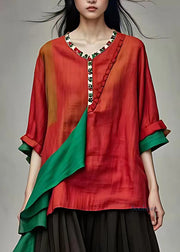 Casual Red O-Neck Print Patchwork Tops Summer