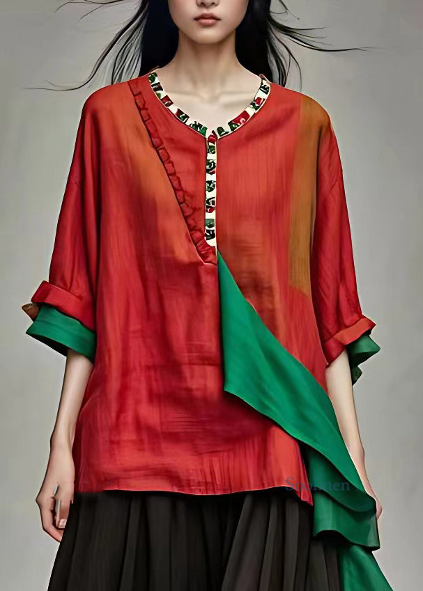 Casual Red O-Neck Print Patchwork Tops Summer