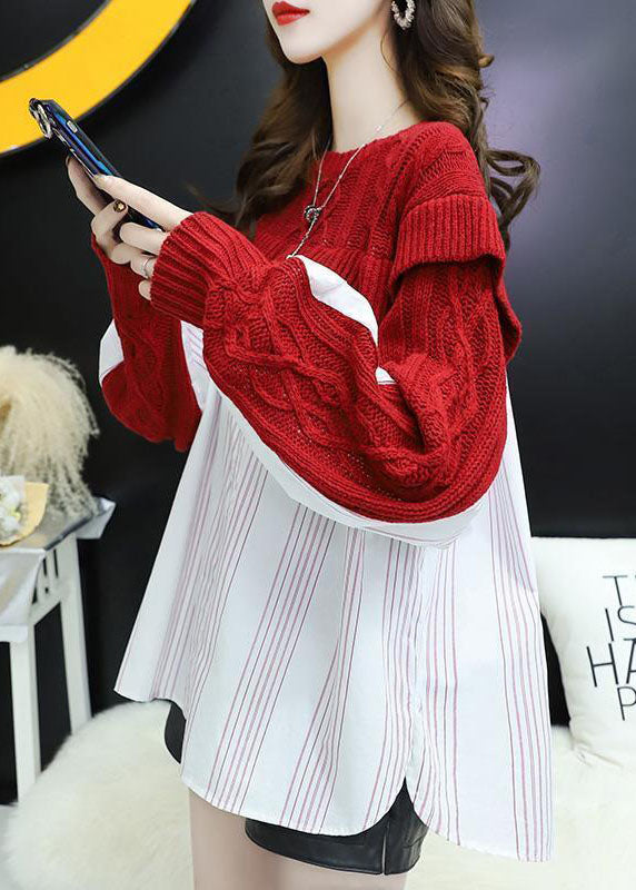 Casual Red O-Neck Ruffles Patchwork Knit Silk Tops Spring