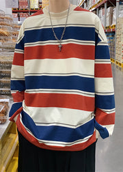 Casual Red O Neck Striped Cotton T Shirts Men Apparel Fall