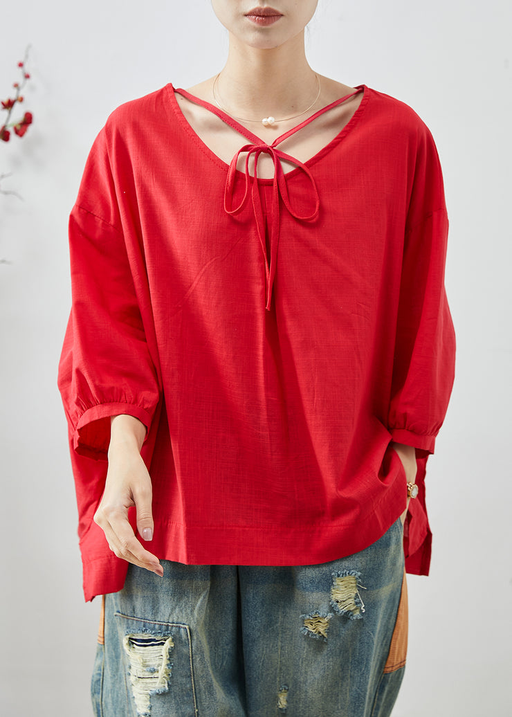 Casual Red Oversized Cotton Shirt Tops Bracelet Sleeve