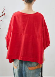 Casual Red Oversized Cotton Shirt Tops Bracelet Sleeve