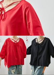 Casual Red Oversized Cotton Shirt Tops Bracelet Sleeve