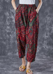 Casual Red Oversized Pockets Print Linen Pants Trousers Summer