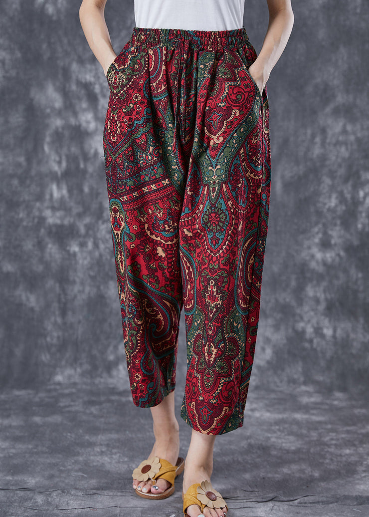 Casual Red Oversized Pockets Print Linen Pants Trousers Summer