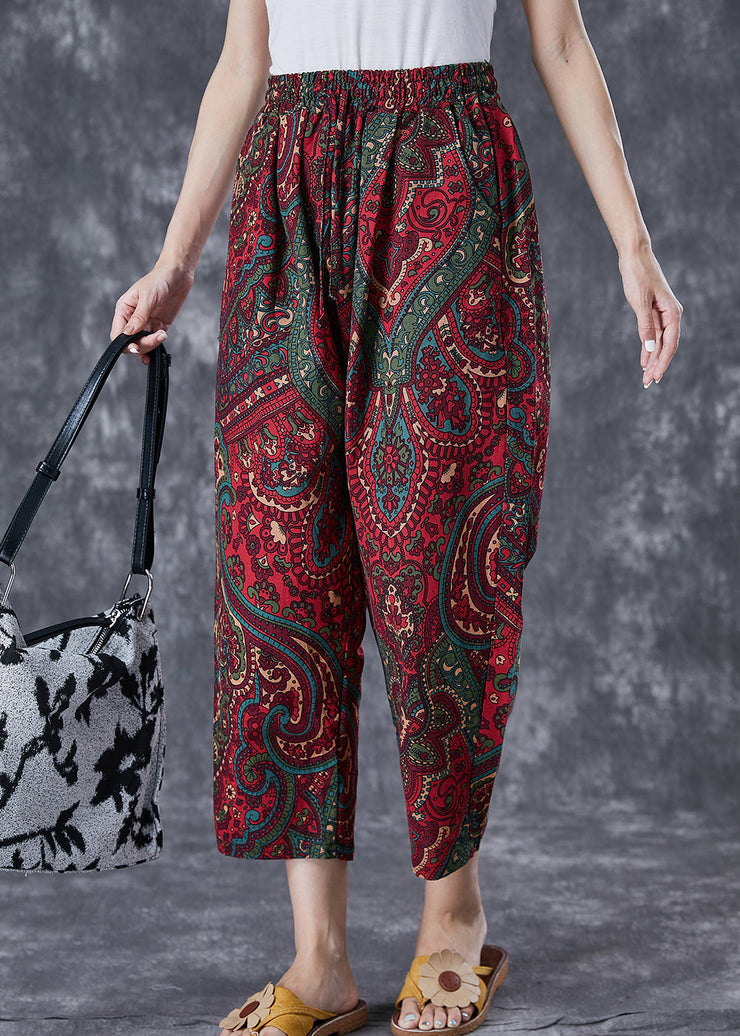 Casual Red Oversized Pockets Print Linen Pants Trousers Summer