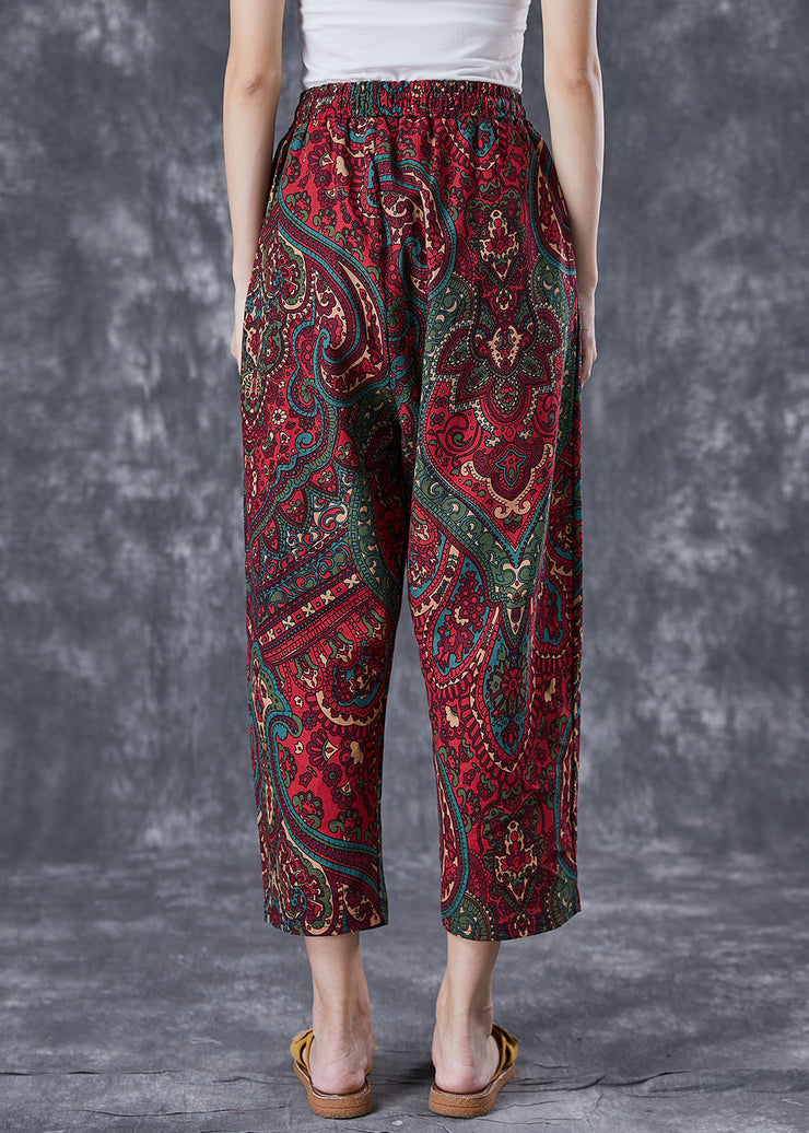 Casual Red Oversized Pockets Print Linen Pants Trousers Summer