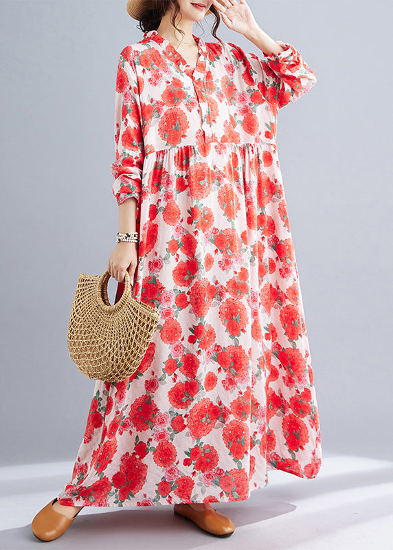 Casual Red Oversized Print Cotton Holiday Dresses Spring