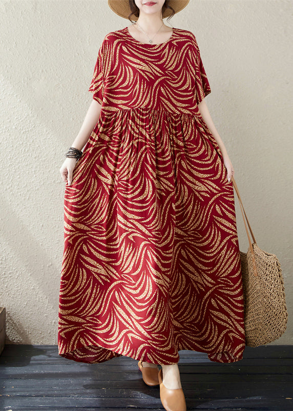 Casual Red Oversized Print Cotton Long Dresses Summer