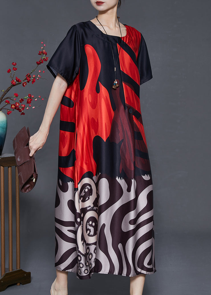 Casual Red Oversized Print Silk Holiday Dress Summer