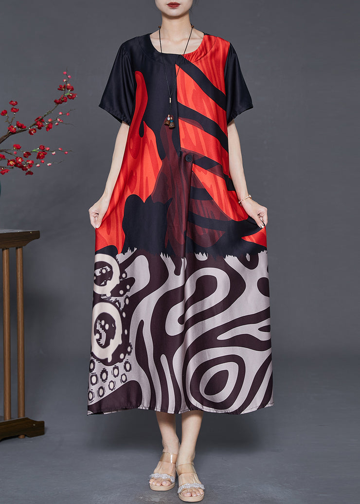 Casual Red Oversized Print Silk Holiday Dress Summer