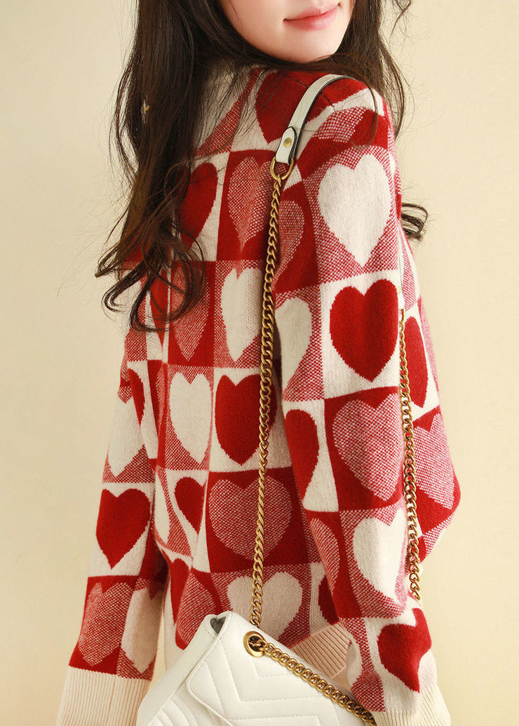 Casual Red Oversized Thick Loving Heart Print Knit Pullover Spring