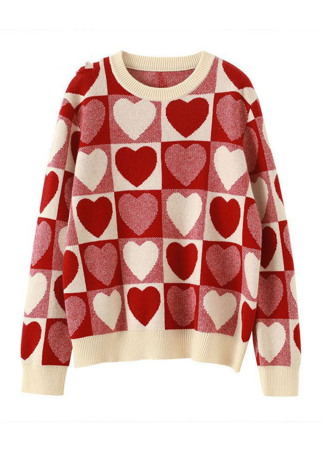 Casual Red Oversized Thick Loving Heart Print Knit Pullover Spring