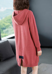 Casual Red Patchwork Knitted Cotton Thread Hooded Sweater Dress Fall