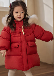 Casual Red Patchwork Pockets Fur Collar Detachable Kids Down Coats Spring