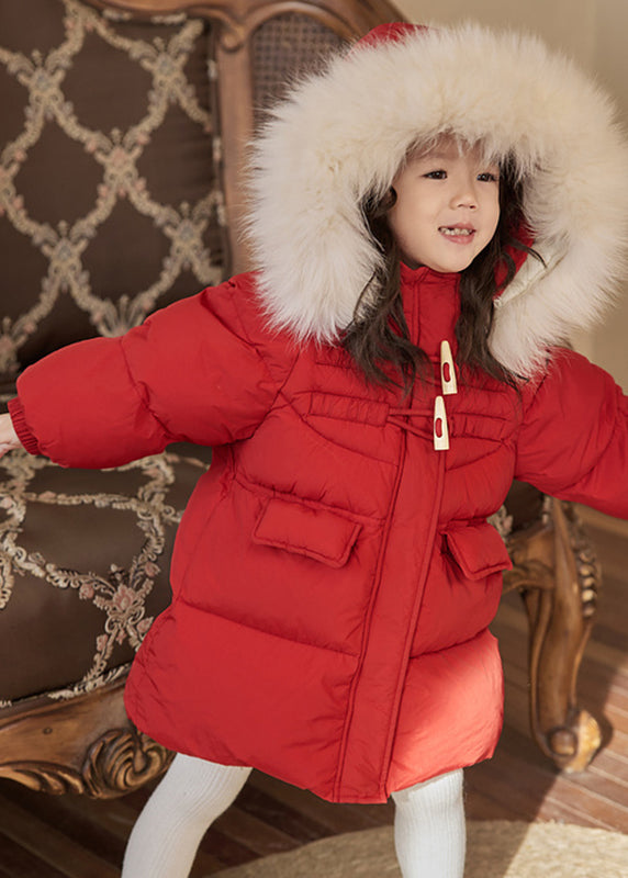 Casual Red Patchwork Pockets Fur Collar Detachable Kids Down Coats Winter