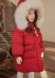 Casual Red Patchwork Pockets Fur Collar Detachable Kids Down Coats Winter