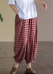 Casual Red Plaid Pockets Elastic Waist Linen Crop Pants Summer