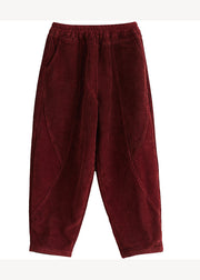 Casual Red Pockets Elastic Waist Corduroy Warm Fleece Pants Winter