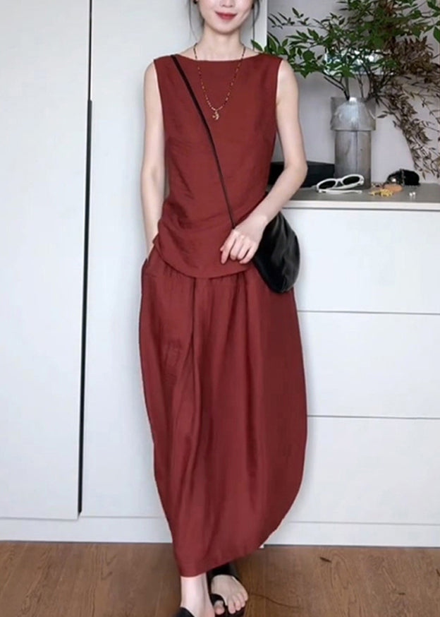 Casual Red Pockets Top And Maxi Skirts Two Piece Set Sleeveless