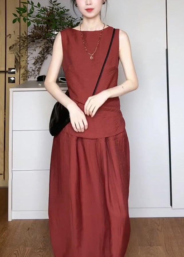 Casual Red Pockets Top And Maxi Skirts Two Piece Set Sleeveless