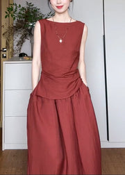 Casual Red Pockets Top And Maxi Skirts Two Piece Set Sleeveless
