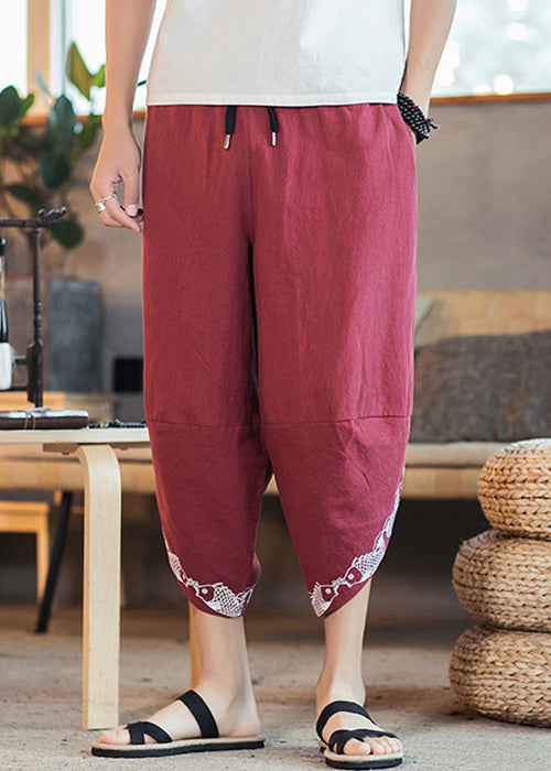 Casual Red Print Lace Up Elastic Waist Cotton Mens Crop Pants