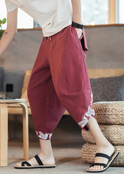 Casual Red Print Lace Up Elastic Waist Cotton Mens Crop Pants