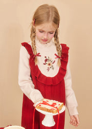 Casual Red Ruffled Embroideried Cotton Knit Kids Maxi Dresses Spring