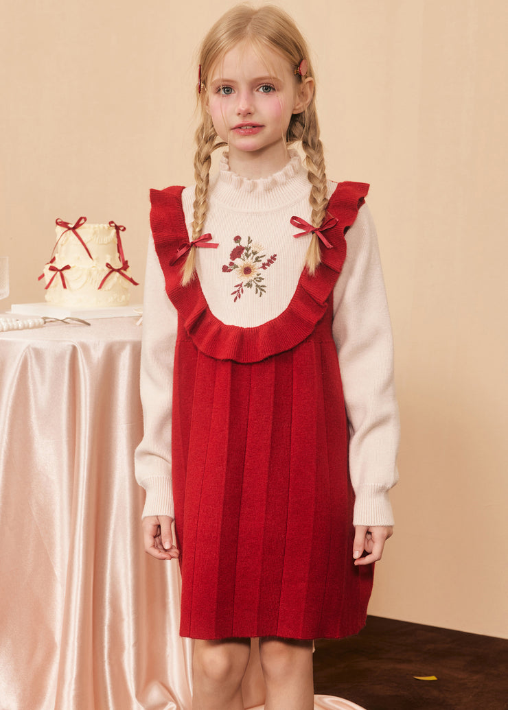 Casual Red Ruffled Embroideried Cotton Knit Kids Maxi Dresses Spring