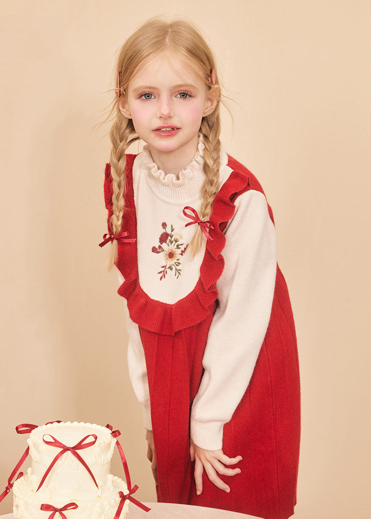 Casual Red Ruffled Embroideried Cotton Knit Kids Maxi Dresses Spring