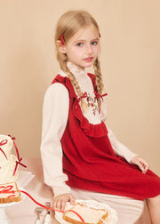 Casual Red Ruffled Embroideried Cotton Knit Kids Maxi Dresses Spring