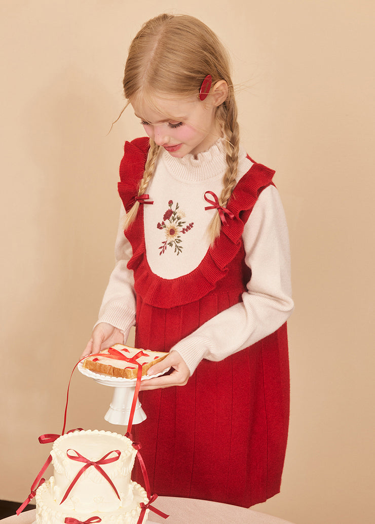 Casual Red Ruffled Embroideried Cotton Knit Kids Maxi Dresses Spring