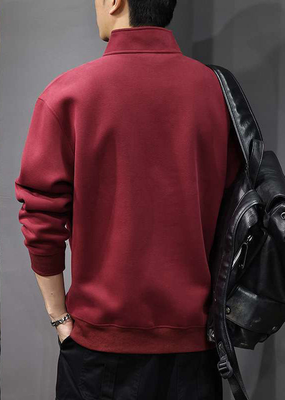 Casual Red Stand Collar Button Cotton Men Streetwear Spring