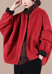 Casual Red Stand Collar Pockets Warm Fleece Jacket Winter