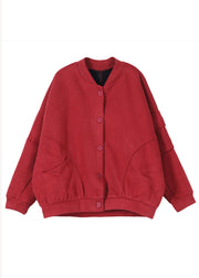 Casual Red Stand Collar Pockets Warm Fleece Jacket Winter